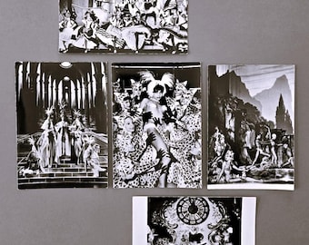 Op de afbeelding: Een verzameling van vijf zwart-witfoto's met theatrale scènes. De afbeeldingen tonen artiesten in uitgebreide kostuums, waaronder dansers in tutu's, figuren in outfits met luipaardprint en gedetailleerde architecturale achtergronden.
