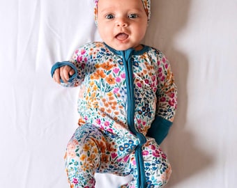 flowers Baby Bamboo Zipper Romper Pajamas–Unisex Toddler Sleepwear–Gender Neutral Baby Outfit–Newborn shower Gift–girl Day Nightwear