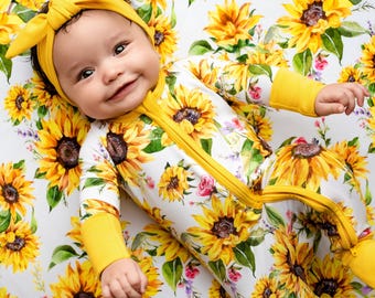 sunflowers Baby Bamboo Zipper Romper Pajamas–Unisex Toddler Sleepwear–Gender Neutral Baby Outfit–Newborn shower Gift–girl Day Nightwear