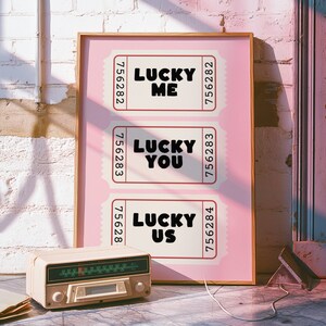 Póster de boleto Lucky Us, arte de pared retro rosa, regalo para parejas