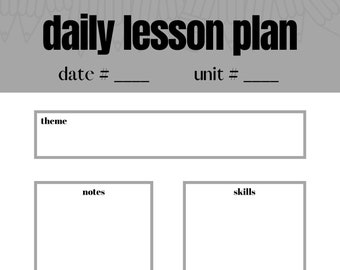 Op de afbeelding: Een witte lesplanningssjabloon met een grijze koptekst met de tekst "daily lesson plan". De sjabloon bevat secties voor datum, eenheid, thema, notities, vaardigheden, focus op kleine groepen en geplande activiteit. De tekst is zwart.