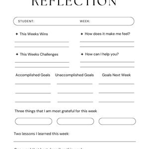 May include: A black and white printable weekly reflection worksheet with sections for wins, challenges, goals, gratitude, lessons learned, and a rating scale.