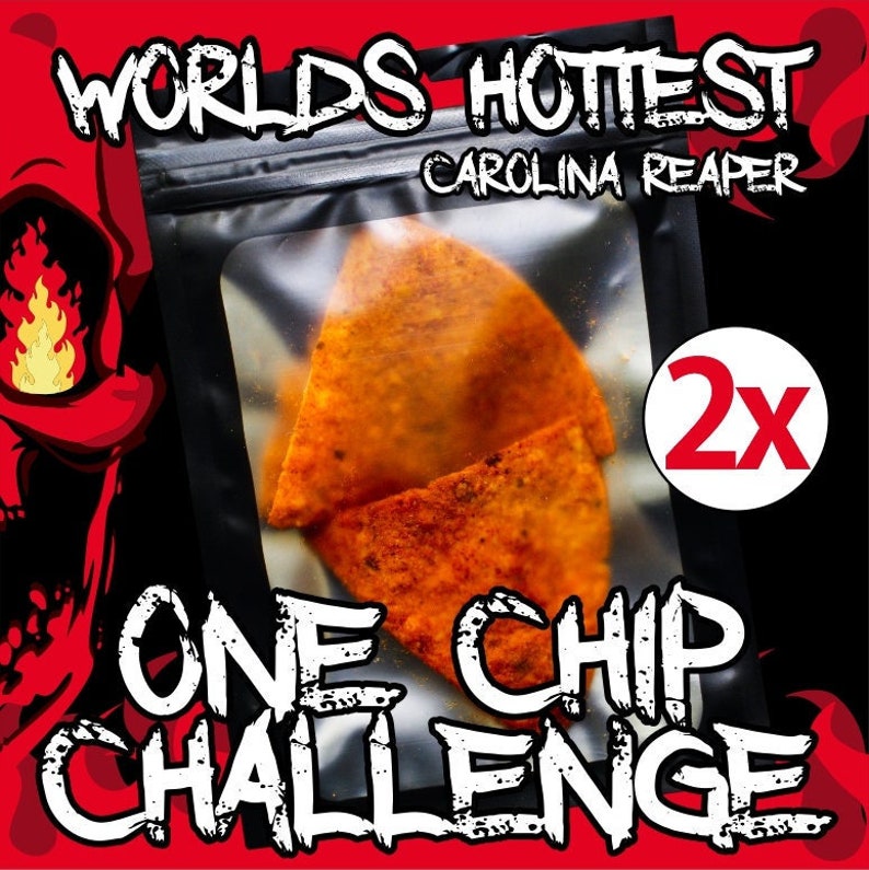 2X ONE CHIP CHALLENGE the World's Hottest Tortilla Chilli Chip Carolina