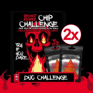 May include: A black box set featuring the text "Redhot Reaper Chip Challenge" and a red skull graphic. Two bags of chips are included, with the text "Fiery Challenge". The phrase "Try if you dare" is also visible.