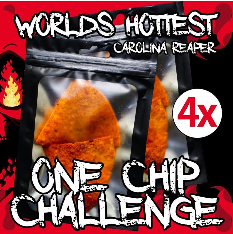 4X ONE CHIP CHALLENGE the World's Hottest Tortilla Chilli Chip Carolina