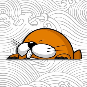 Könnte beinhalten: Eine Cartoon-Illustration eines braunen Gophers, der über einem weißen und grauen, wellenförmigen Hintergrund hervorguckt. Der Gopher hat eine schwarze Nase, weiße Zähne und weiße Augen.