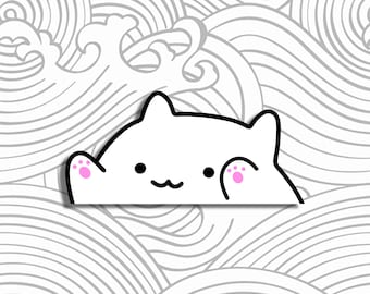 Puede incluir: Un gato blanco con patas rosas asomándose detrás de un patrón de olas. El gato tiene un contorno negro y una cara sonriente simple.