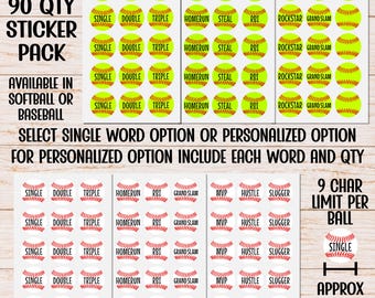 May include: A 90-count sticker pack featuring yellow softball and white baseball designs with black text including Single, Double, Triple, Homerun, Steal, RBI, Rockstar, Grand Slam, MVP, Hustle, and Slugger. A 0.75 inch measuring line is shown.