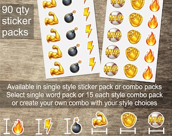 90 Water Resistant Vinyl Icon Award Stickers Pack | Tough Arm | Golden Glove | Fire | Bomb | Lightning | MVP | Motivation | Achievements