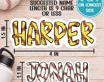 May include: Two custom name stickers with a yellow and white softball-themed pattern featuring red stitching details. The top sticker reads HARPER and measures 1.5 inches by 4 inches. The bottom sticker reads JONAH and measures 1.1 inches by 3 inches.