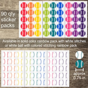 May include: Sheets of baseball stickers in a variety of colors, including red, orange, yellow, green, blue, pink, and purple. Each sticker features a baseball design with white stitching. The text "90 qty sticker packs" is visible. The stickers are approximately 0.75 inches in diameter.