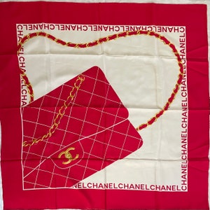 Vintage Chanel Silk Scarf – Red Flap Bag Print, Quilted Handbag Design