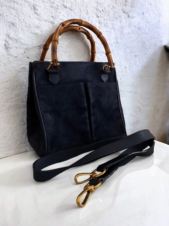 Vintage Gucci Bamboo Handbag - Navy Suede Top Hand