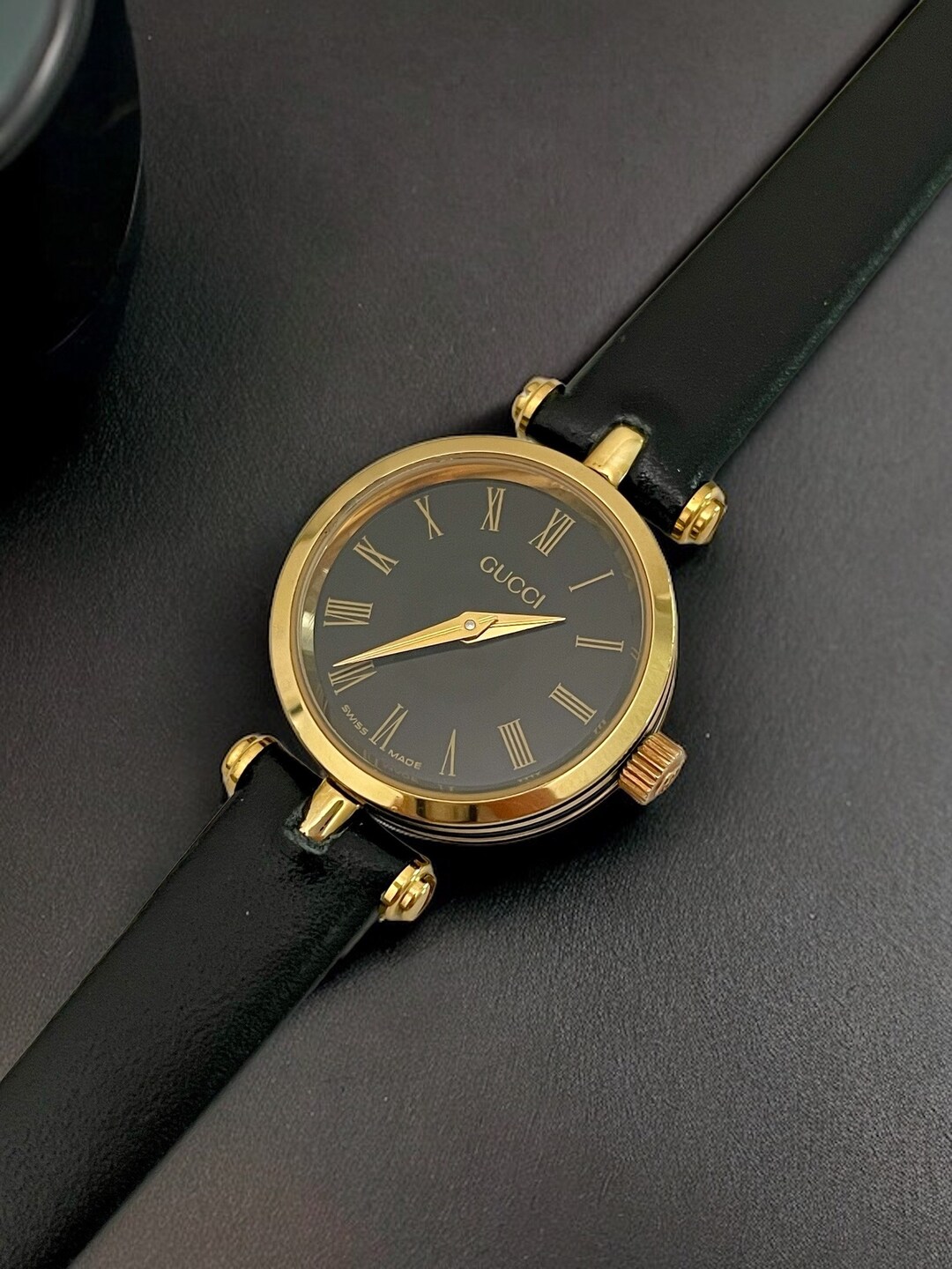Vintage Gucci Roman Numeral Black Leather Watch