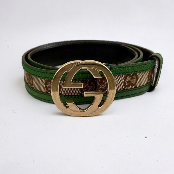 Gucci Green GG Monogram Canvas Leather Gold Interlocking G Buckle Belt - 85CM