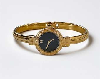 Vintage Yves Saint Laurent Bangle Watch, Gold Plated Black YSL Logo Dial