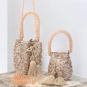 Wayuu Mochila Bag | Handmade Beaded Bucket Bag | Wedding Guest Bag | Sequin Crossbody & Handbag | Pearl Artisan Purse Gift