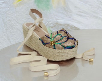 Stylish Wedge Sandals | Enchanted Tie-Up Platform | Full Color Platform Espadrilles | 8cm - 3,14 In Heel Wedge | Mother's Day Gift