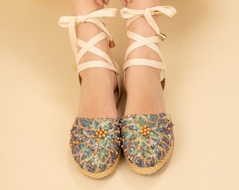 Betoverde espadrilles met strikstrik - Moederdagcadeau - Grillige platte schoenen - Espadrillesschoenen, paillettenschoenen, bling damesschoenen