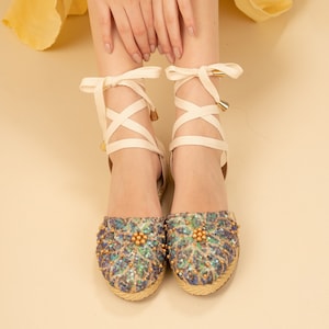 Enchanted Tie-Up Espadrilles  - Mother&#39;s Day Gift - Whimsical Flat Shoes - Espadrilles Shoes, Sequin Shoes, Bling Women Shoes