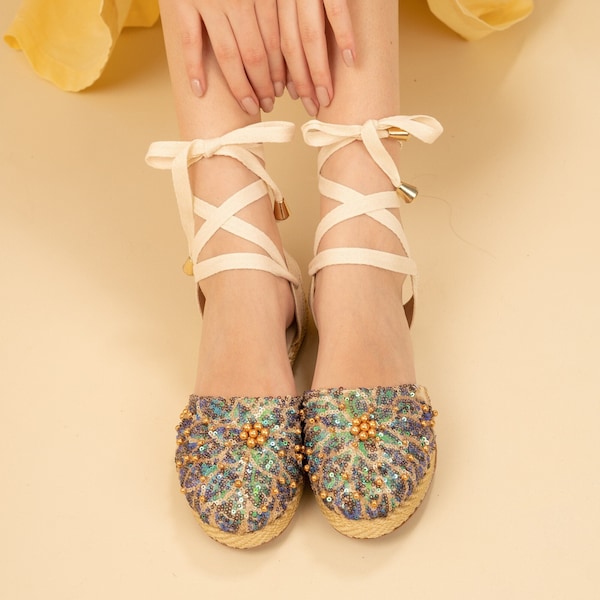 Enchanted Tie-Up Espadrilles  - Mother's Day Gift - Whimsical Flat Shoes - Espadrilles Shoes, Sequin Shoes, Bling Women Shoes