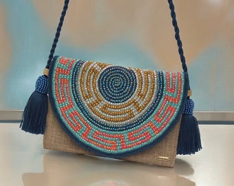 Blue Colombian Clutch Bag | Crossbody Wayuu Purse Clutch with Tassels decorated with rhinestones | Women’s Bohemian Purse | Gifts For Her