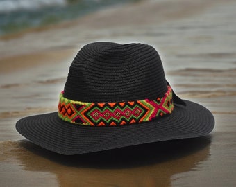 Colorful Straw Hat, Handmade Women’s Summer Hat, Handcrafted Colombian Palm Hat with Handwoven Strap, Boho Black Summer Hat For Women