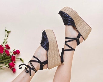 Black Platform Espadrilles | Stylish Wedge Sandals | 8cm - 3,14 In Heel Wedge | Lace-Up Summer Shoes | Handmade Colombian Espadrille