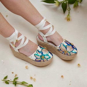 Beige Platform Espadrilles | Stylish Wedge Sandals | 8cm - 3,14 In Heel Wedge | Lace-Up Summer Shoes | Handmade Colombian Espadrille