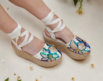 Beige Platform Espadrilles | Stylish Wedge Sandals | 8cm - 3,14 In Heel Wedge | Lace-Up Summer Shoes | Handmade Colombian Espadrille