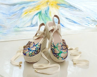 Beige Platform Espadrilles | Stylish Wedge Sandals | 8cm - 3,14 In Heel Wedge | Lace-Up Summer Shoes | Handmade Colombian Espadrille