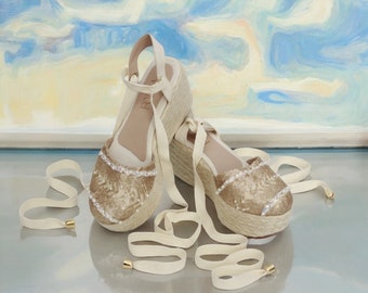 White Platform Espadrilles | Stylish Wedge Sandals | 8cm - 3,14 In Heel Wedge | Lace-Up Summer Shoes | Mother's Day Gift