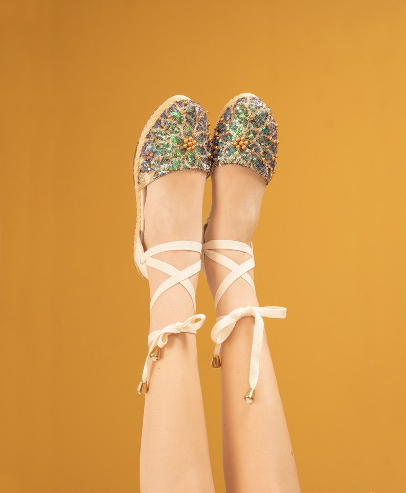 Enchanted Tie-Up Espadrilles Mother's Day Gift Whimsical Flat Shoes Espadrilles Shoes, Sequin Shoes, Bling Women Shoes image 5