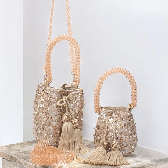 Wayuu Mochila Bag | Handmade Beaded Bucket Bag | Wedding Guest Bag | Sequin Crossbody & Handbag | Pearl Artisan Purse Gift