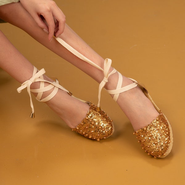 Gold Espadrilles | Flat Espadrilles | Tie Up Flat Shoes | Lace Up Women Flats | Colombian Women Shoe | Rope Sole Shoes | Handmade Espadrille