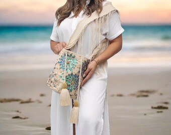 Bolso bandolera colombiano hecho a mano - Bolso cubo de verano - Bolso colombiano beige - Bolso Wayuu - Bolso mochila - Talla grande