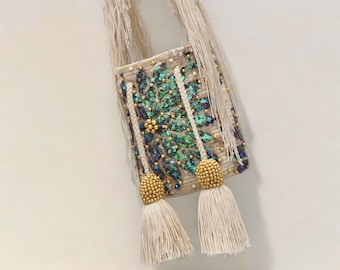 Wayuu Colombian Bag | Beige Crossbody Bag | Woven Crossbody Purse | Mochila Bag | Crochet Purse | Wayuu Bucket Bag | Wayuu Crossbody