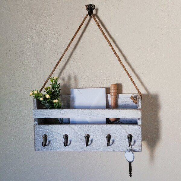 Rustic Mail and Keys Organizer and Storage - White Distressed Wood - Hanging Kit Included