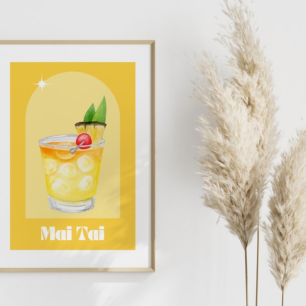 Mai Tai Cocktail Print Digital Art Download Cute Yellow Orange Mai Tai Cocktail Bar Printable Poster Kitchen Wall Art College Dorm Decor