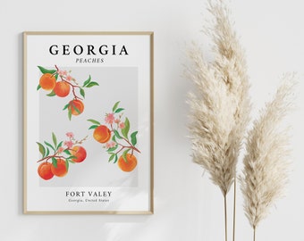 Peaches Print Digital Download Peach Fruit Market Poster Georgia Printable Wall Art Peach Orange Botanical Art Spring Summer Poster Design