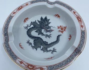 Vintage Meissen Porcelain Ashtray - Red Ming Dragon Pattern - Crossed Swords Mark c. 1953-1957"