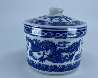 A. Vintage Blue & White Porcelain Dragon Ginger Jar with Lid | Chinese Covered Jar with Apocryphal Qianlong Mark | Exportware