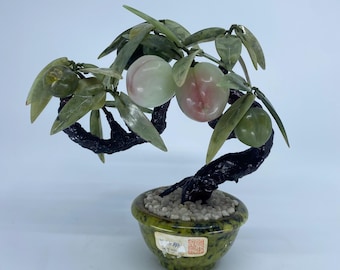 Vintage Chinese Longevity Tree Sculpture | Carved Jade Peach Bonsai | Stone Pot w/ Seal