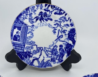 Set of 7 Royal Crown Derby "Mikado" Bread and Butter Plates 6 1/8" - Blue and White English Bone China - Vintage
