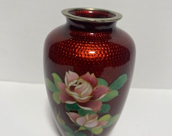 Japanese Small Cloisonne Pigeon Blood Red Ginbari Red Foil Rose Floral Vase - 5”