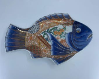 Antique Japanese Imari Fish Shaped Plate - Meiji Period Porcelain - Hand Painted Sea Bream (Tai) - Red and Blue Gilt Decoration - 11" x 7 3/