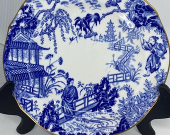 Set of 7 Royal Crown Derby "Mikado" Salad Plates 7.25" - Blue & White English Bone China - Vintage - Includes Rare Red Mark Variant
