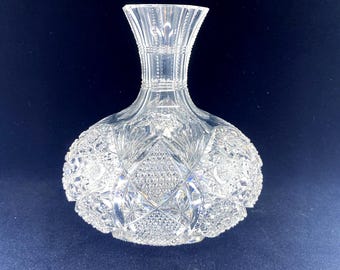 A. Antique American Brilliant Cut Glass Decanter with Starburst Base | Vintage Crystal Whiskey Carafe | Elegant Barware Gift