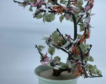 Vintage Chinese Carved Jade & Gemstone Bonsai Tree, 15" Tall, Celadon Pot, Rose Quartz Flowers