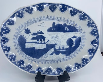 Hand-Painted Chinese Oval Platter | Vintage Blue & White Serving Dish with Apocryphal Mark | Chinoiserie Willow Pattern Style
